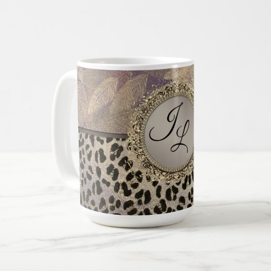 Mug Plumes chic avec Monogramme Empreinte de léopard (Devant gauche)