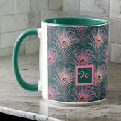 Mug Plumes de paon rose et Monogramme sur Deep Green