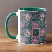 Mug Plumes de paon rose et Monogramme sur Deep Green