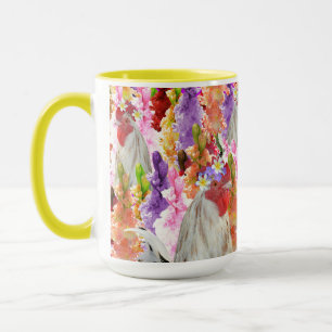 Mug Plumes et fleurs : Coq parmi les Hollyhocks