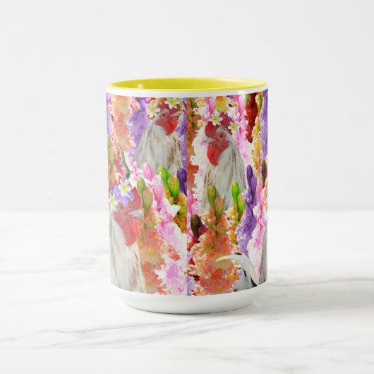 Mug Plumes et fleurs : Coq parmi les Hollyhocks (Centre)
