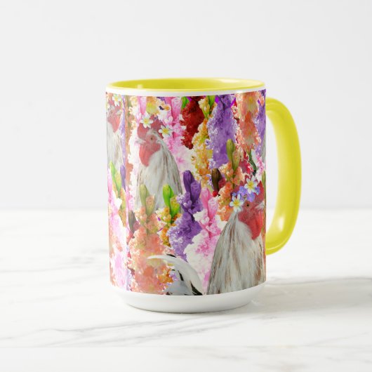 Mug Plumes et fleurs : Coq parmi les Hollyhocks (Devant droit)