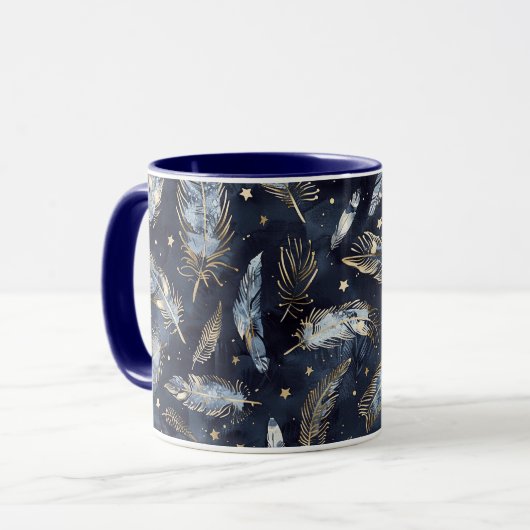 Mug Plumes Étoiles Or Bleu (Devant gauche)