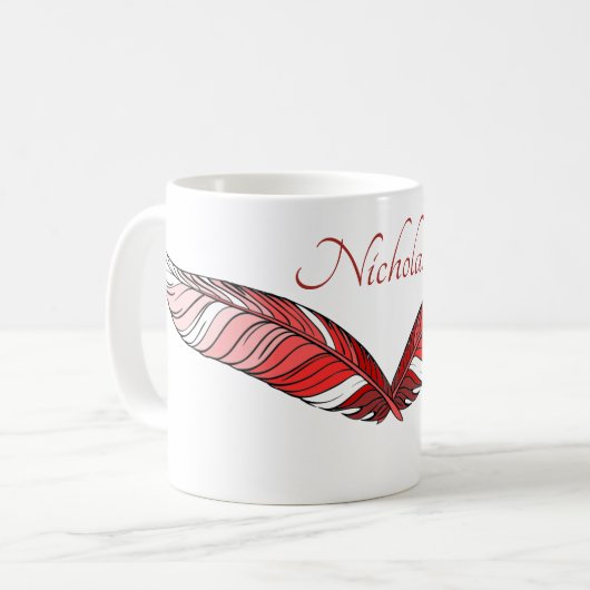 Mug - Plumes rouges et nom (Devant gauche)