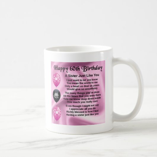 Mug Poème de soeur - soixantième anniversaire (Droite)