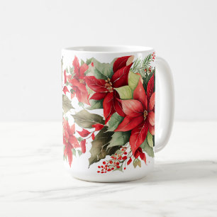 Mug Poinsettia Holly Berry Rouge Blanc Fleur Noël