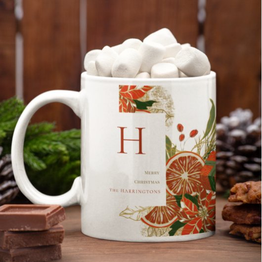 Mug Poinsettia Moderne & Feuillage | Monogramme de Noë