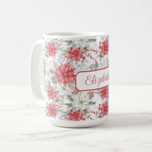 Mug Poinsettias rouge et blanc festif Monogramme (Devant gauche)