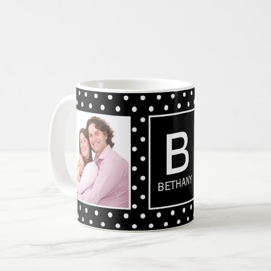 Mug Pointe Polka noir et blanc Monogramme photo person (Devant gauche)