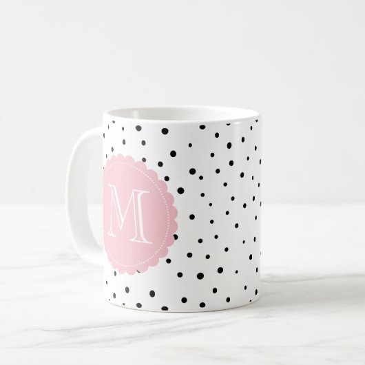 Mug Points Confetti noirs et blancs Monogramme rose pâ (Devant gauche)