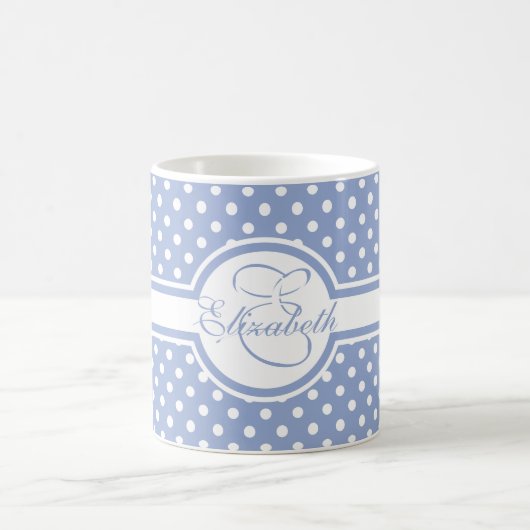 Mug Pois blancs élégants sur Monogramme bleu (Centre)