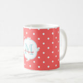 Mug Pois de turquoise et de corail de monogramme (Devant droit)