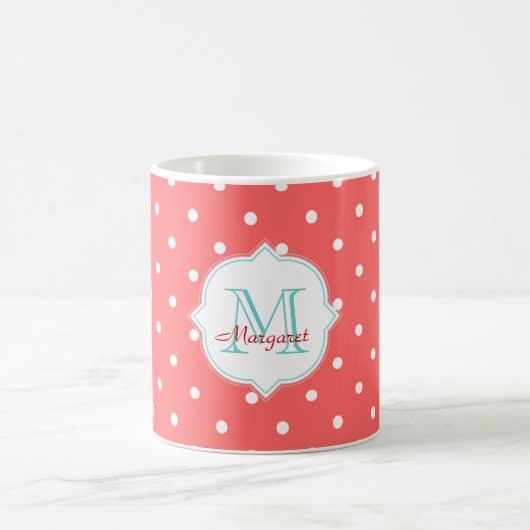 Mug Pois de turquoise et de corail de monogramme (Centre)