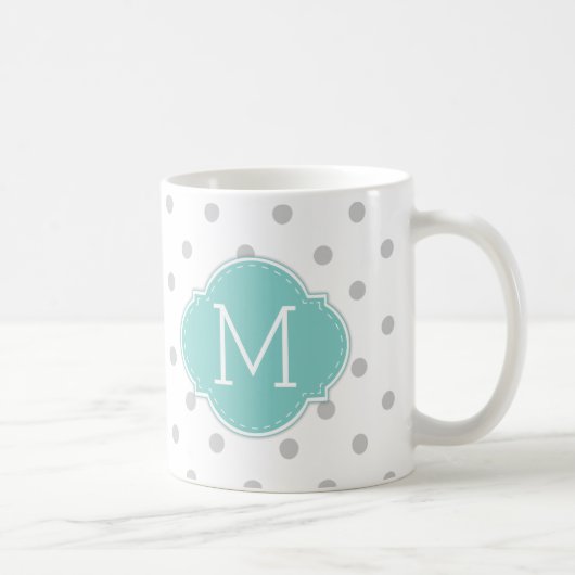 Mug Pois gris-clair moderne avec le monogramme bleu (Droite)