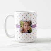 Mug Pois multicolores avec cadre photo en ruban violet (Gauche)