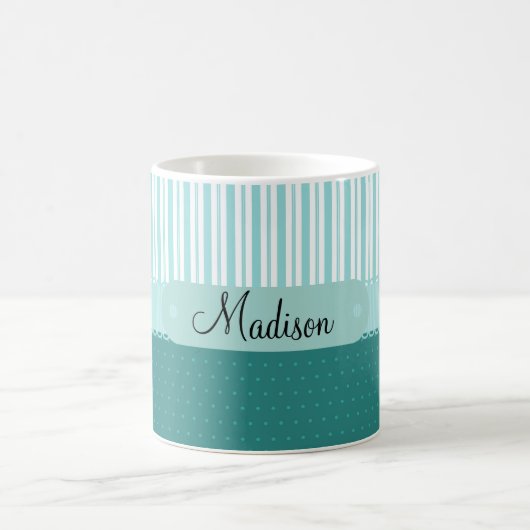 Mug Pois nommé de rayures de Teal personnalisé par (Centre)