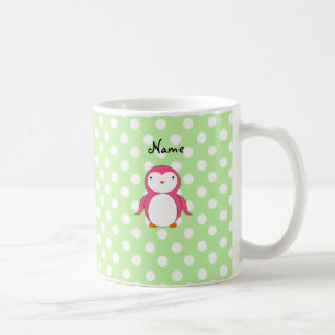 Mug Pois rose nommé personnalisé de vert de pingouin