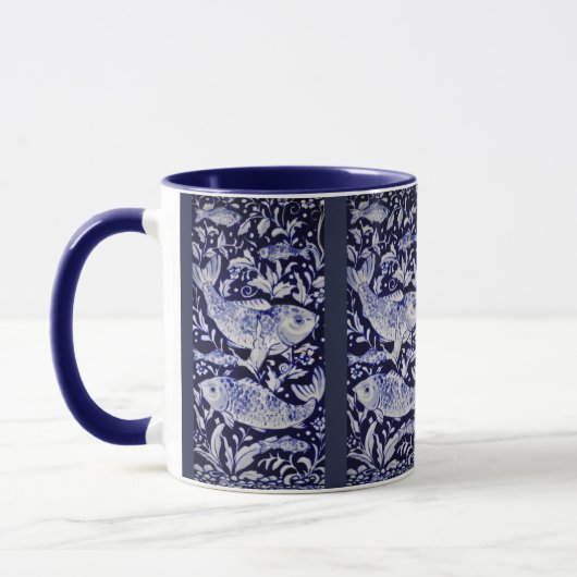 Mug Poisson Koi bleu et blanc Indigo Carreaux complexe (Gauche)