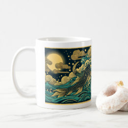 Mug Poisson Koï Doré Sautant les Vagues en Bois Japona