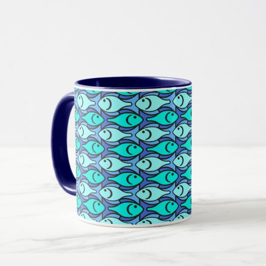 Mug Poisson moderne du milieu du siècle, bleu et aqua (Devant gauche)