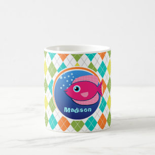 Mug Poissons roses sur le motif à motifs de losanges