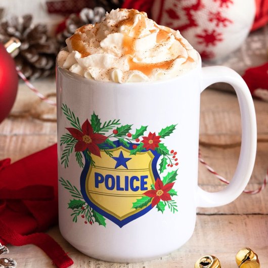 Mug Police Merry Christmas Shield with Poinsettia