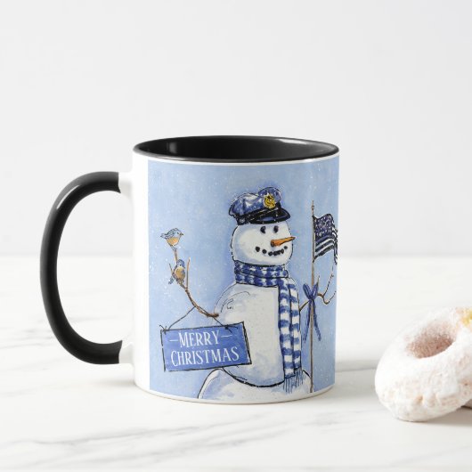 Mug Police Mince Ligne Bleue Snowman Noël (Avec donut)