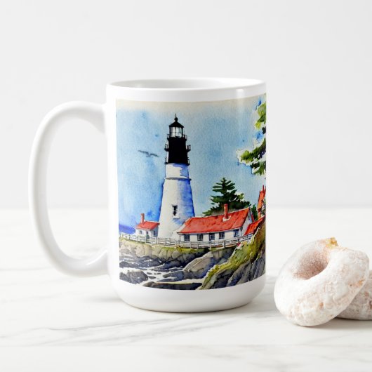 Mug Portland Head Light Maine Watercolor (Avec donut)