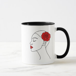 Mug Portrait d'art en ligne d'une femme avec Rose roug