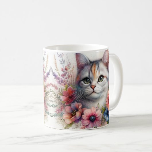 Mug Portrait de chat calico avec des fleurs (Devant droit)
