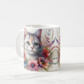 Mug Portrait de chat calico avec des fleurs (Devant gauche)
