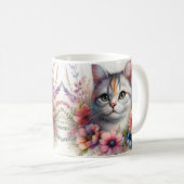 Mug Portrait de chat Calico avec fleurs (Devant droit)