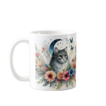 Mug Portrait de Chat Gris Joli avec Fleurs