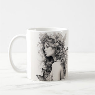 Mug Portrait Floral Élégant Femme et Papillon Café