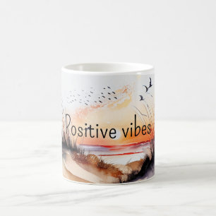 Mug Positif Vibes Beach coucher de soleil avec oiseaux