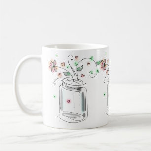 Mug Pot Mason avec Fleurs Moderne Mignon Art Doodle