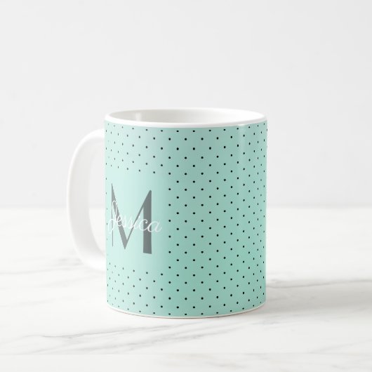 Mug Pot Polka Turquoise moderne et monogramme (Devant gauche)
