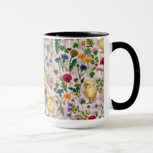 Mug Poulets et fleurs sauvages sur coton bonbon rose