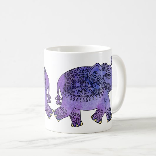 Mug Pourpre bleu d'éléphant de mandala d'aquarelle (Devant droit)