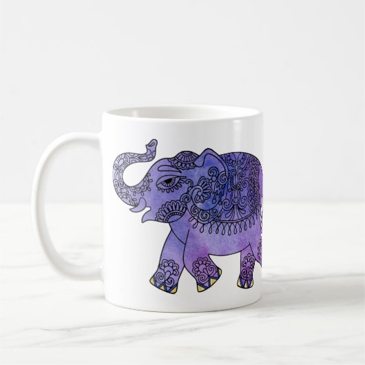 Mug Pourpre bleu d'éléphant de mandala d'aquarelle (Gauche)