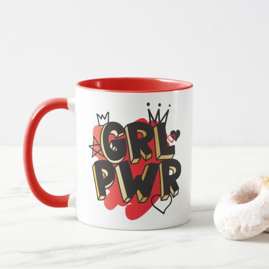 Mug POUVOIR FILLE, Couronne & Coeurs, Rouge & Or (Avec donut)