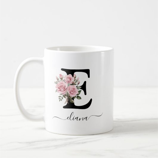 Mug Premier E Rose Roses Florales Fleurs Nom du monogr (Gauche)