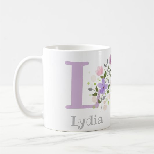 Mug Premier Initial Plus prénom avec des fleurs (Gauche)