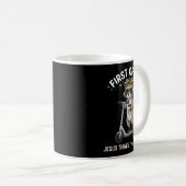 Mug Premier Jésus pense une conception de raton laveur (Devant droit)