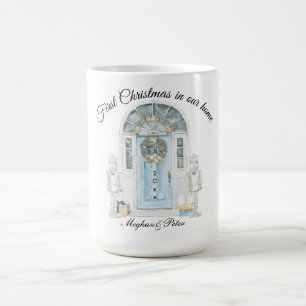 Mug Premier Noël dans notre maison porte bleue aquarel