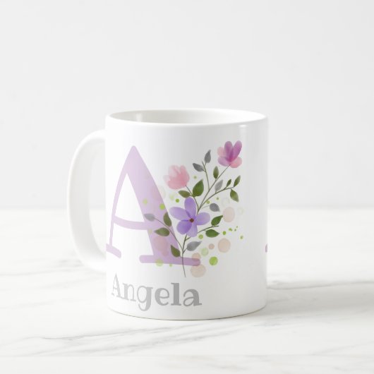Mug Premier nom initial plus Angela avec fleurs (Devant gauche)