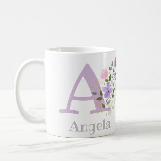 Mug Premier nom initial plus Angela avec fleurs (Gauche)