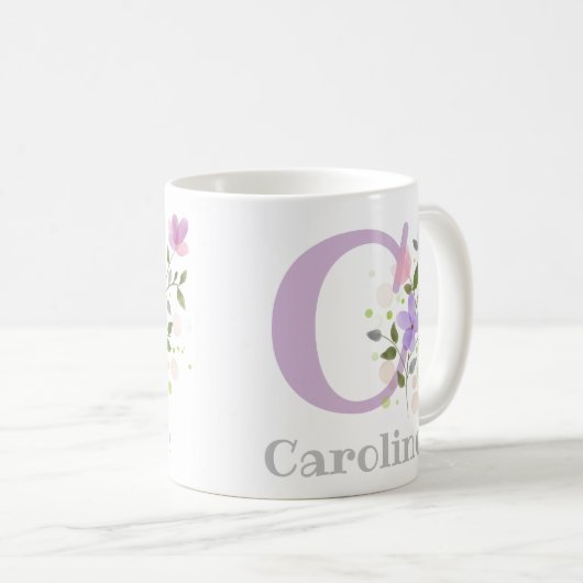 Mug Premier nom initial Plus Caroline avec Fleurs (Devant droit)