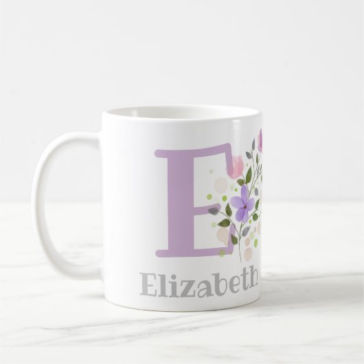 Mug Premier nom initial plus Elizabeth avec fleurs (Gauche)