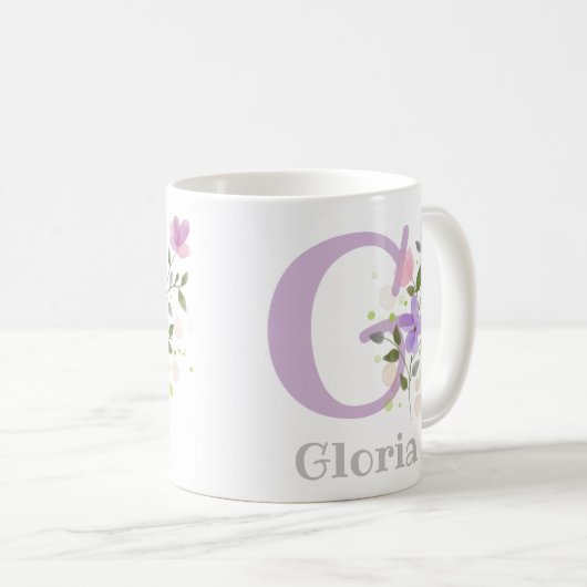 Mug Premier nom initial plus Gloria avec fleurs (Devant droit)